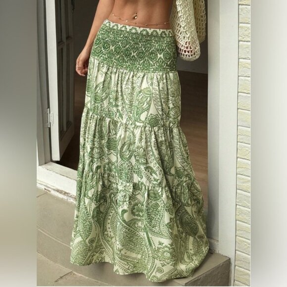 Dresses & Skirts - Bohemian Print Long Flared Shirred Skirt Green